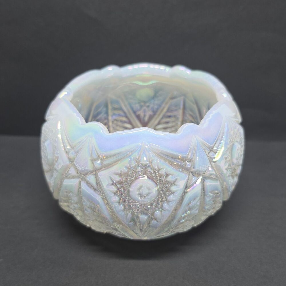 Vintage Carnival Glass Bowl LE Smith Quintec Opalescent White Iridescent Stars
